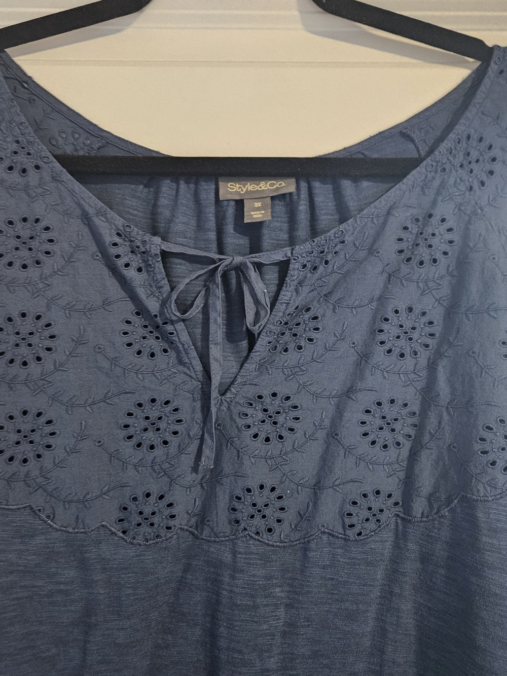 Style & Co Eyelet Peasant Top 3X Blue Cotton Modal Boho Blouse - Picture 3 of 6